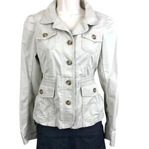 Ann Taylor Loft Khaki Collared Utility Cargo Jacket Adjustable Drawstring Waist